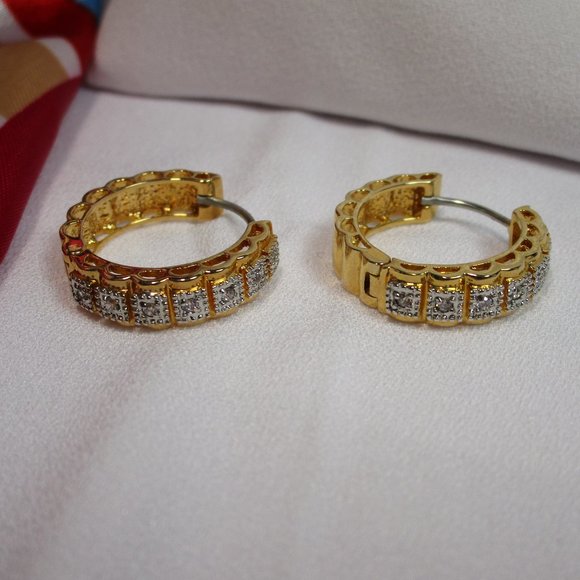 Rose Gold and Silver Tone/CZ Hinge Hoop Earrings - Picture 3 of 11